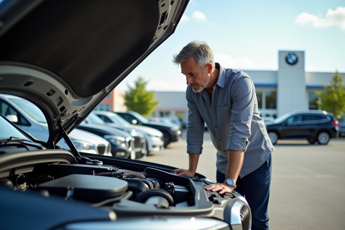 Acheteur inspectant le compartiment moteur d