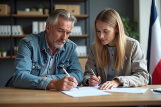 Homme et femme jeunes étudient des papiers d'immatriculation
