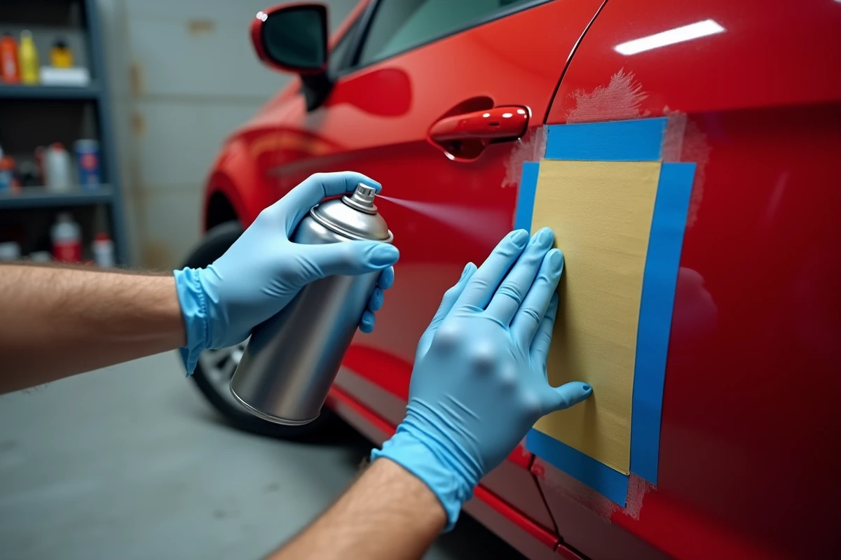 Application de peinture en bombe sur une portière de voiture rouge avec ruban de masquage dans un garage