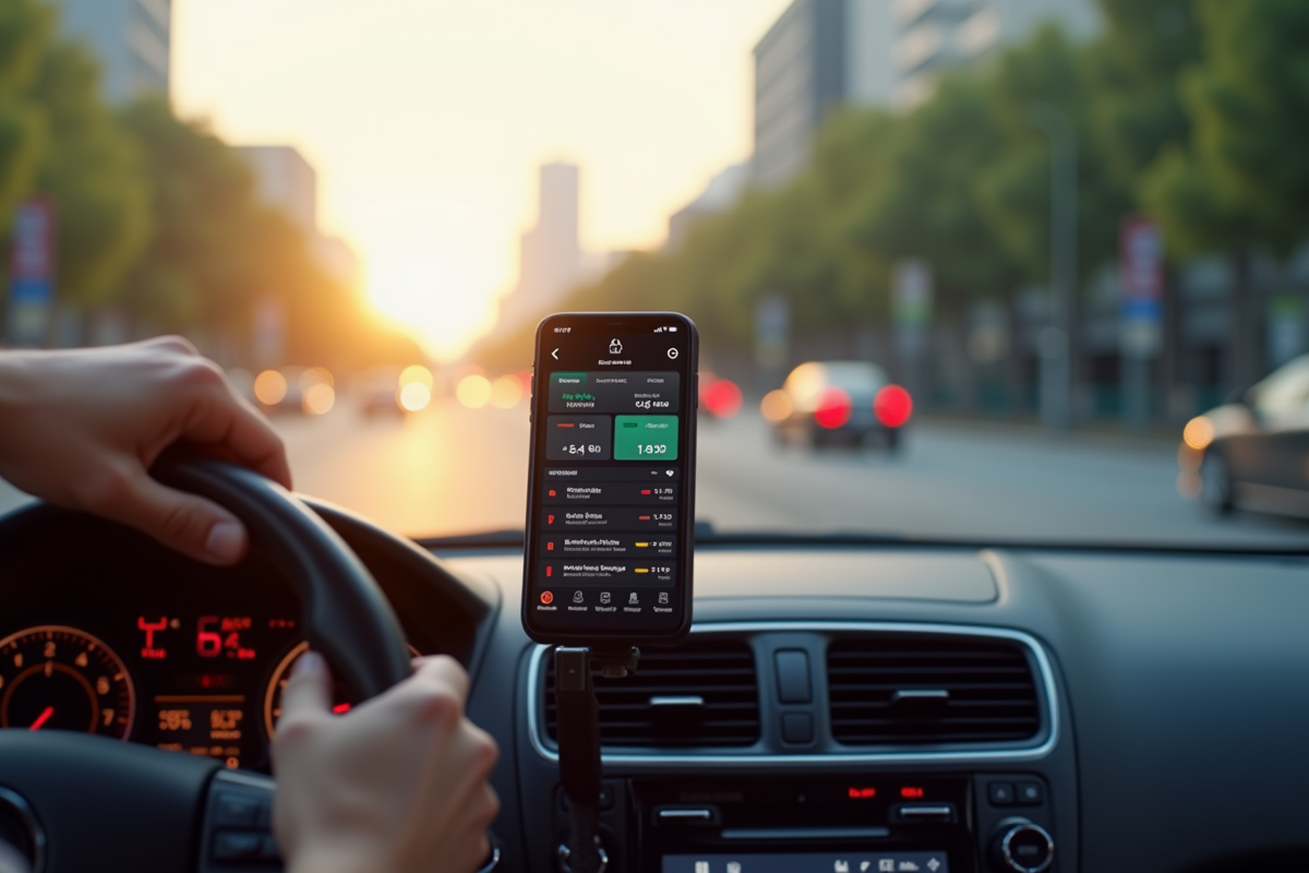 Smartphone sur tableau de bord affichant tarif VTC avec main