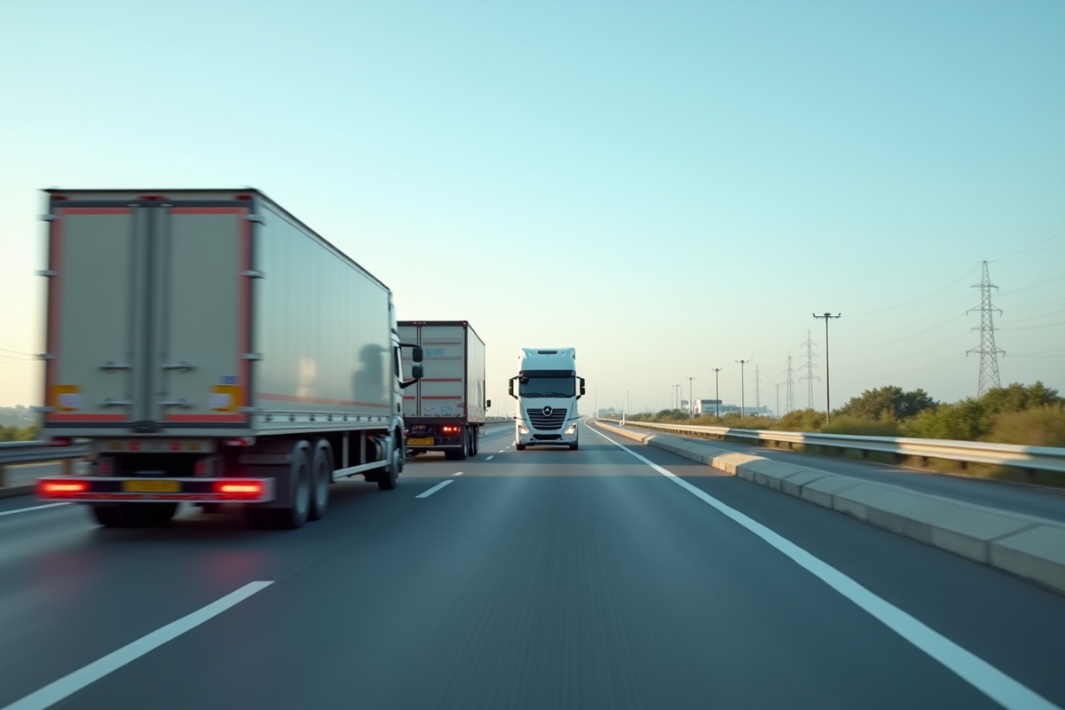 Autoroute avec véhicules lourds en mouvement en plein jour