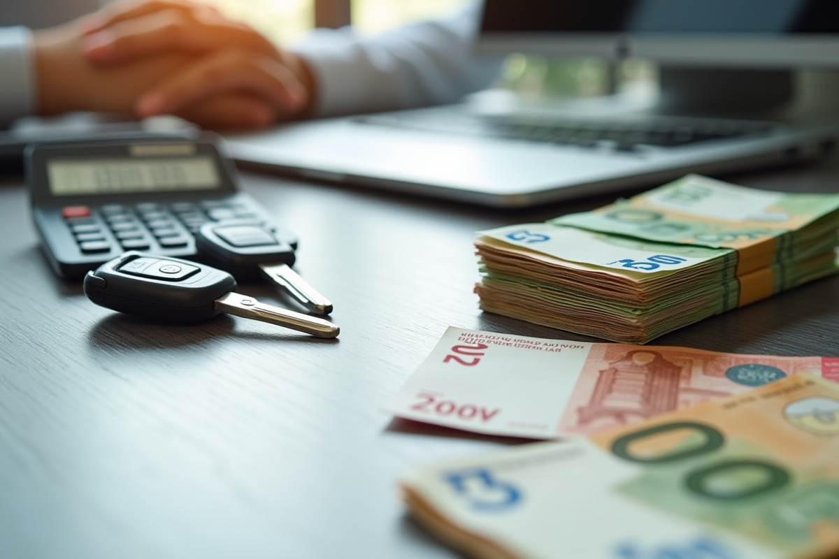 Calculatrice permis voiture et argent sur un bureau lumineux