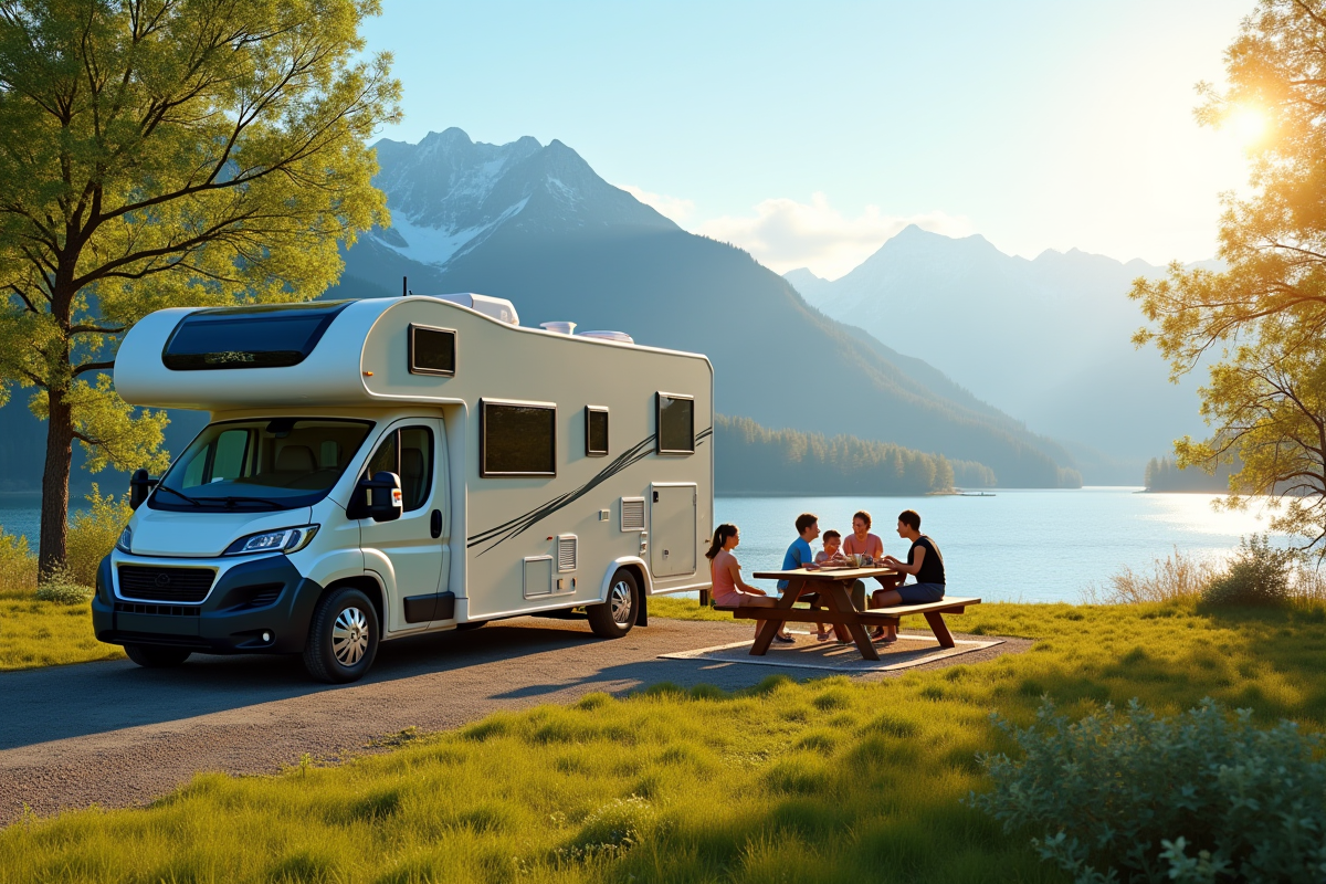 Caravane au bord du lac avec famille et montagnes en arrière-plan