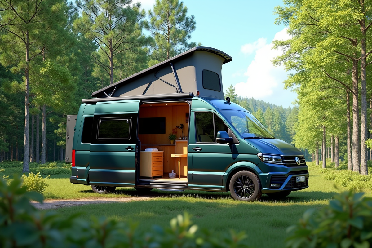 Van aménagé dans la forêt avec intérieur cosy et lumineux
