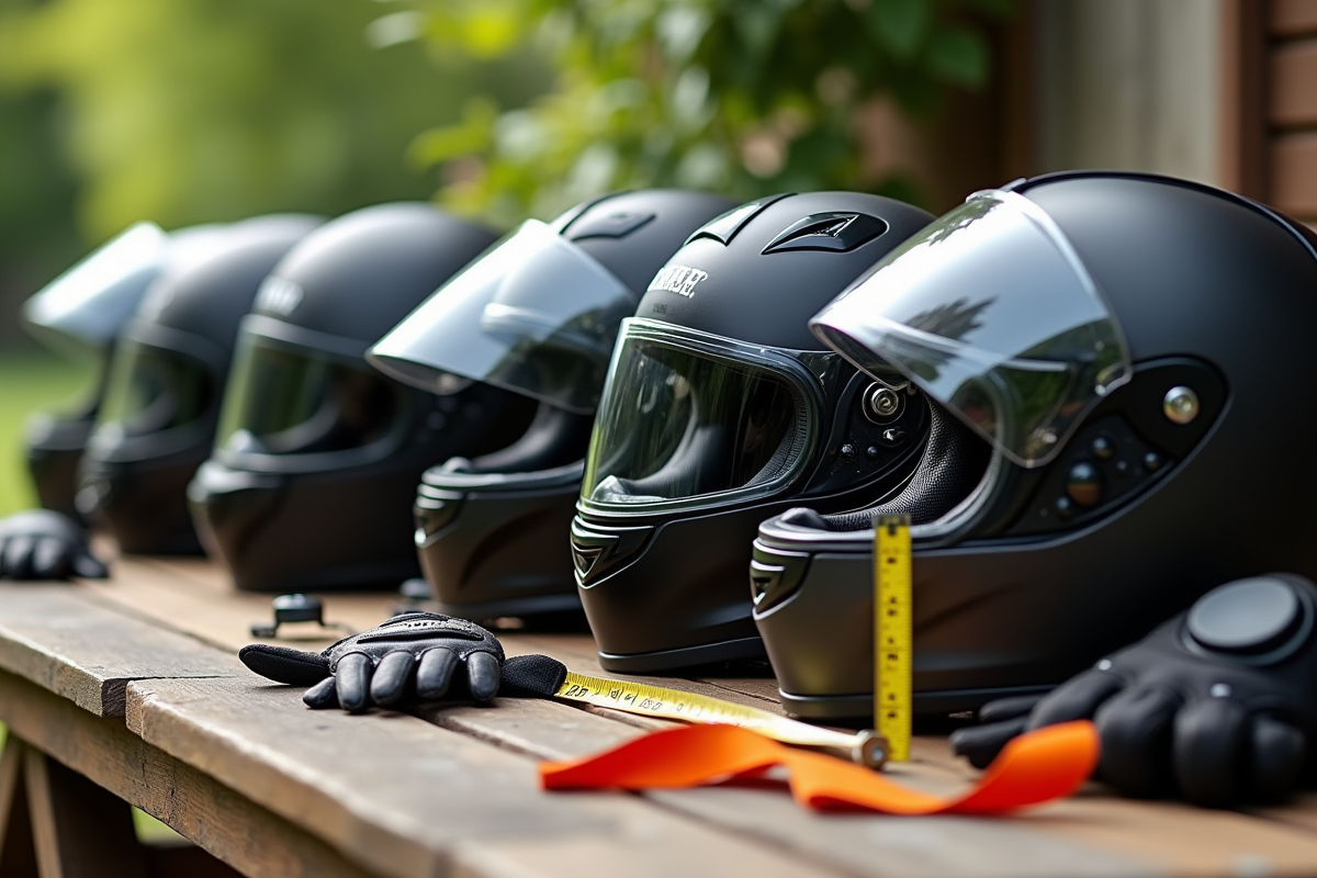 Casques moto de différentes tailles avec gants et mètre en plein air