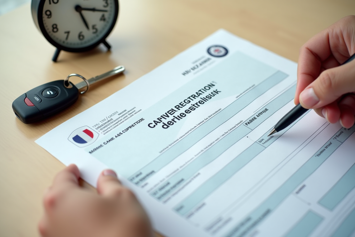 Main tenant une carte grise française avec clés de voiture
