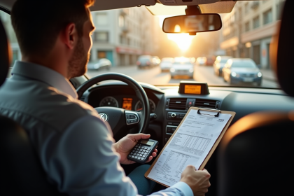 Chauffeur de taxi calculant ses gains avec une calculatrice à bord