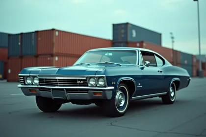 Chevrolet Impala 1967 bleu nuit garée dans un port d'importation avec des conteneurs en arrière-plan