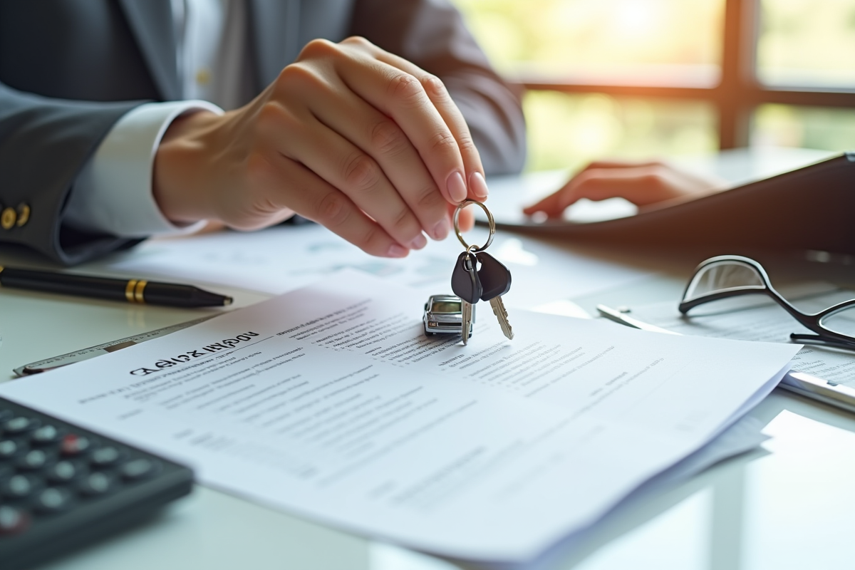Main tenant contrat d assurance avec clés de voiture sur bureau