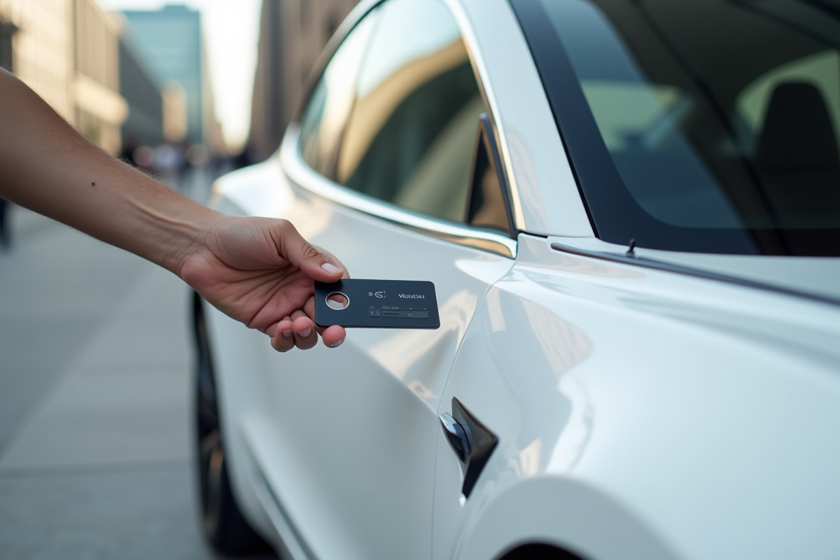 Personne tenant une carte Tesla devant une Tesla Model 3 blanche