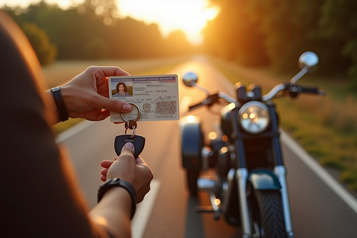 Main tenant permis moto et clés devant moto vintage en campagne