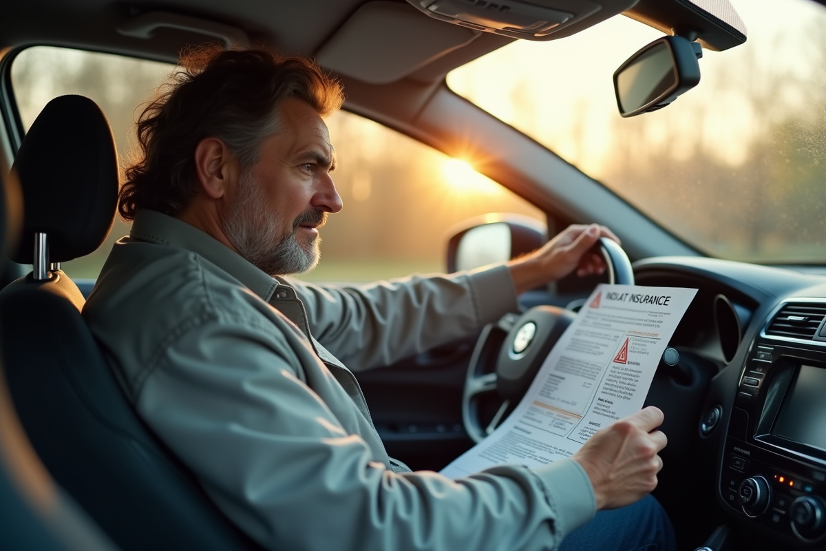 Conducteur inquiet regardant documents d'assurance dans la voiture