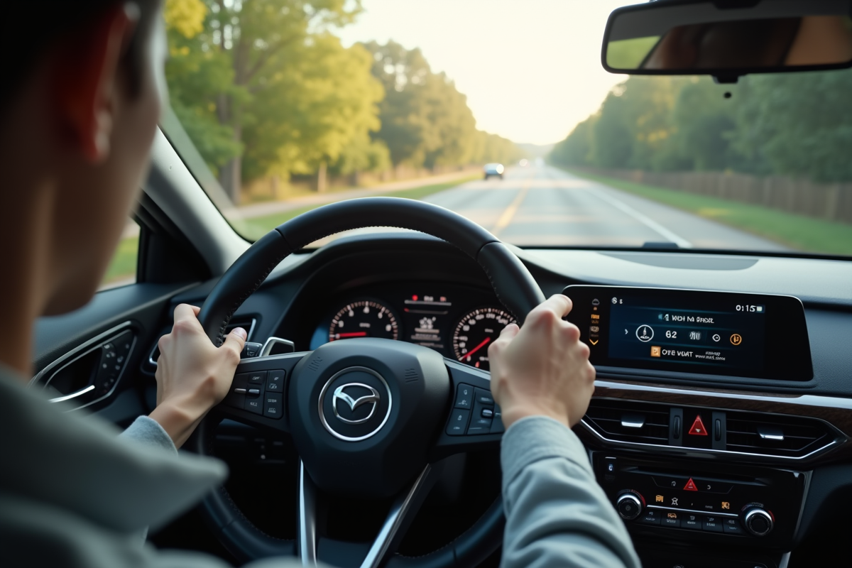 Mains du conducteur sur le volant dans une voiture moderne avec tableau de bord