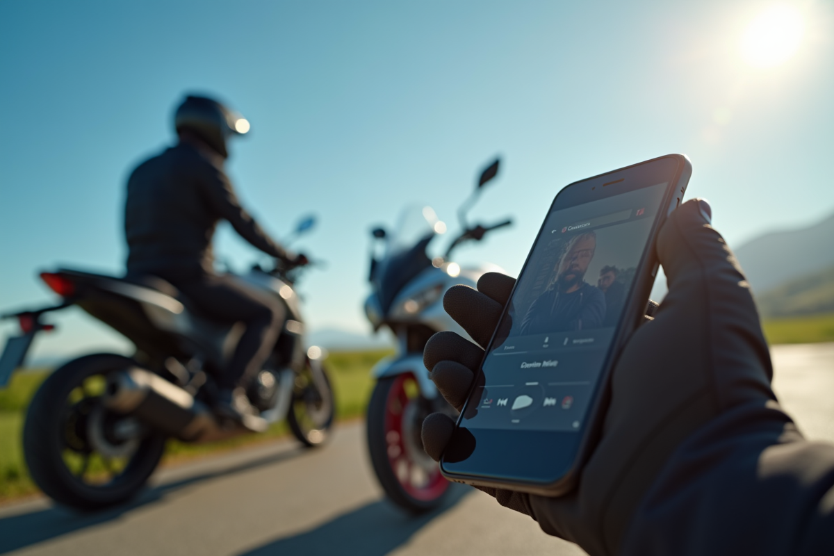 Mains gantées utilisant smartphone avec moto en fond en plein soleil