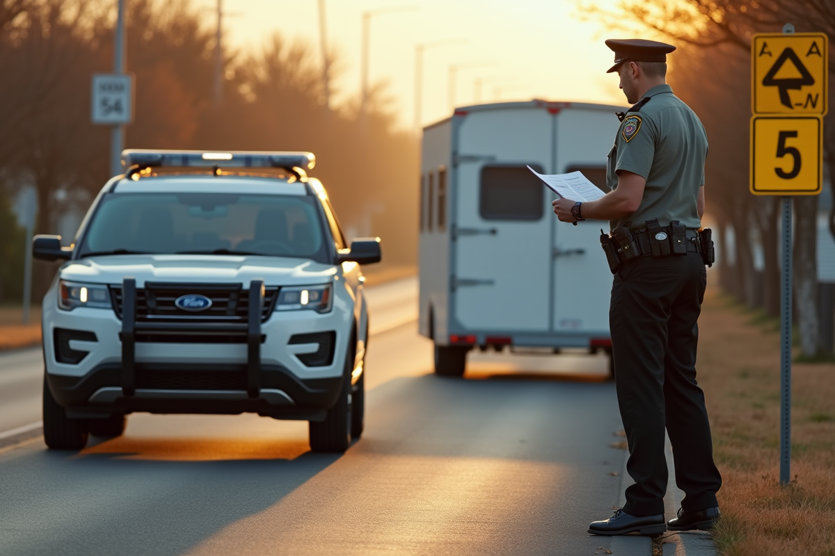 Contrôle routier avec policier vérifiant documents d