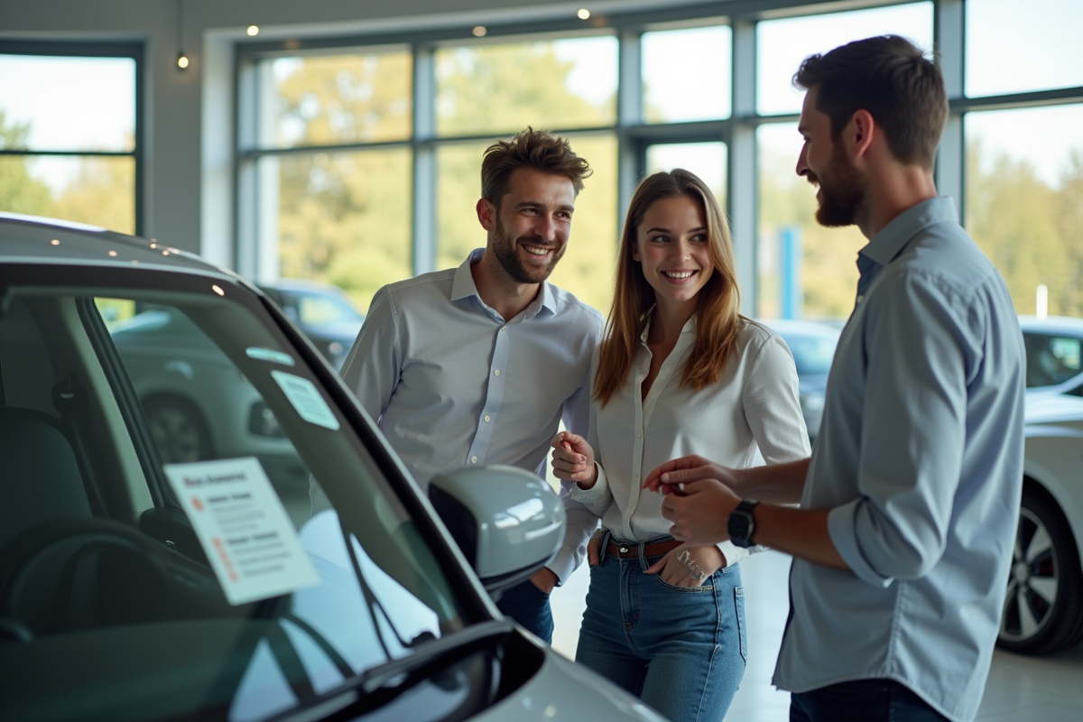 Jeune couple souriant discutant avec un concessionnaire dans un showroom lumineux