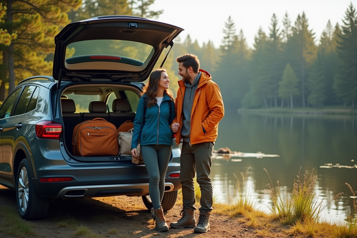 Jeune couple en randonnée près d'un lac en forêt