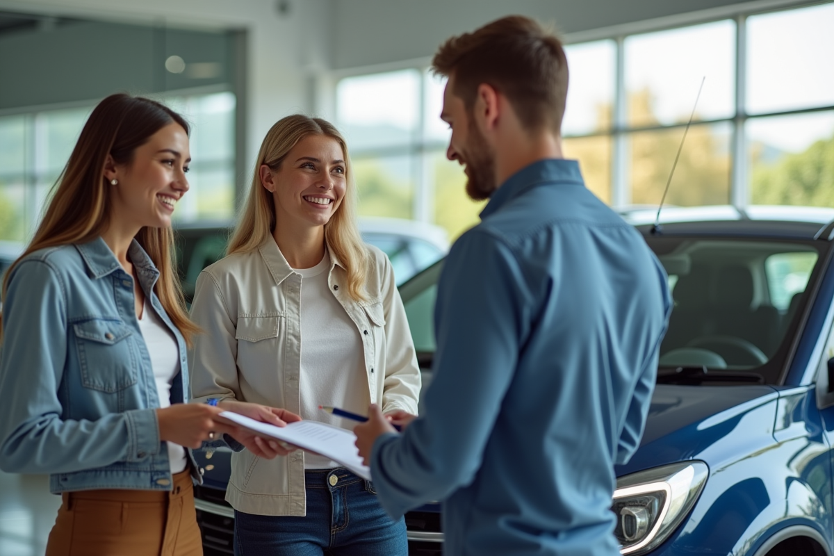 Jeune couple discutant devant une voiture compacte moderne