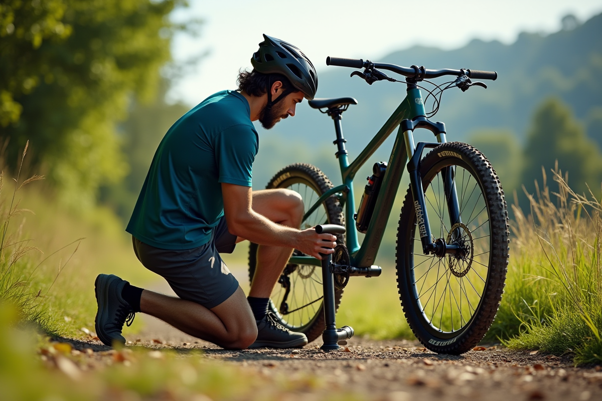 Vélo tout terrain en nature avec cycliste gonflant la roue au soleil