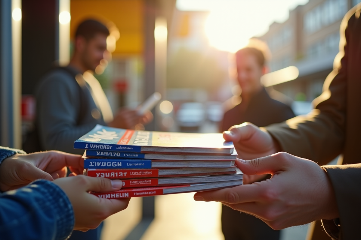 Distribution de guides Michelin modernes à des conducteurs au station service