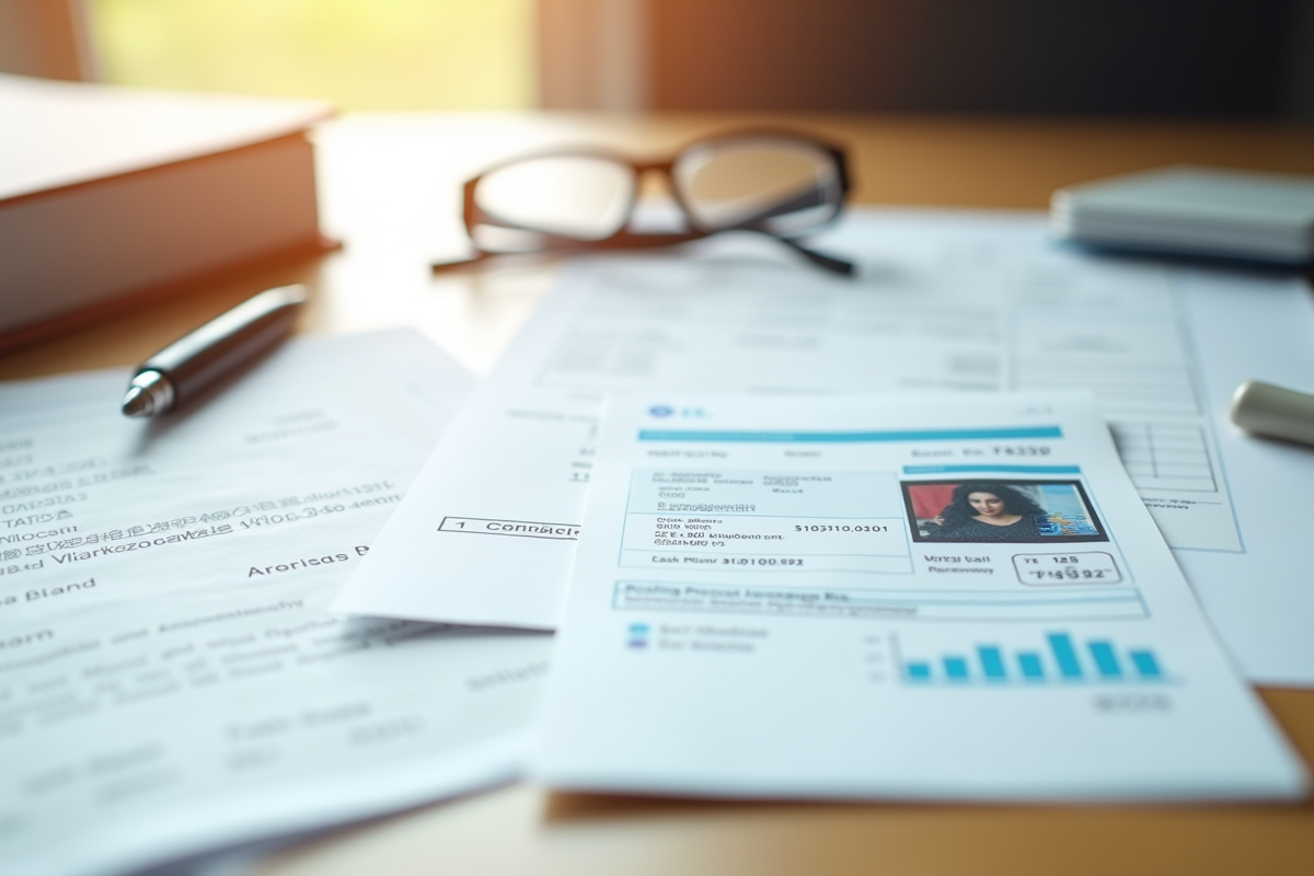 Documents officiels étalés sur un bureau en bois avec lunettes et stylo