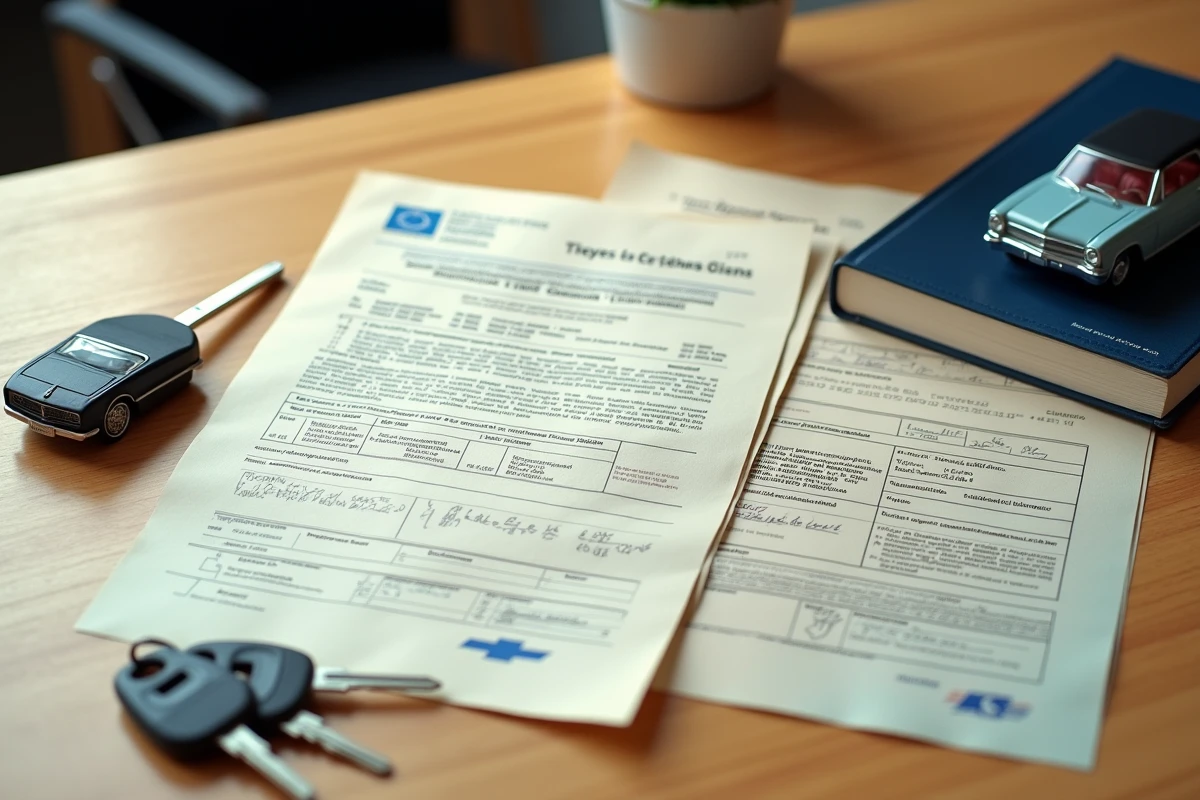 Documents d'importation pour une Chevrolet Impala posés sur un bureau en bois avec des clés de voiture et une maquette