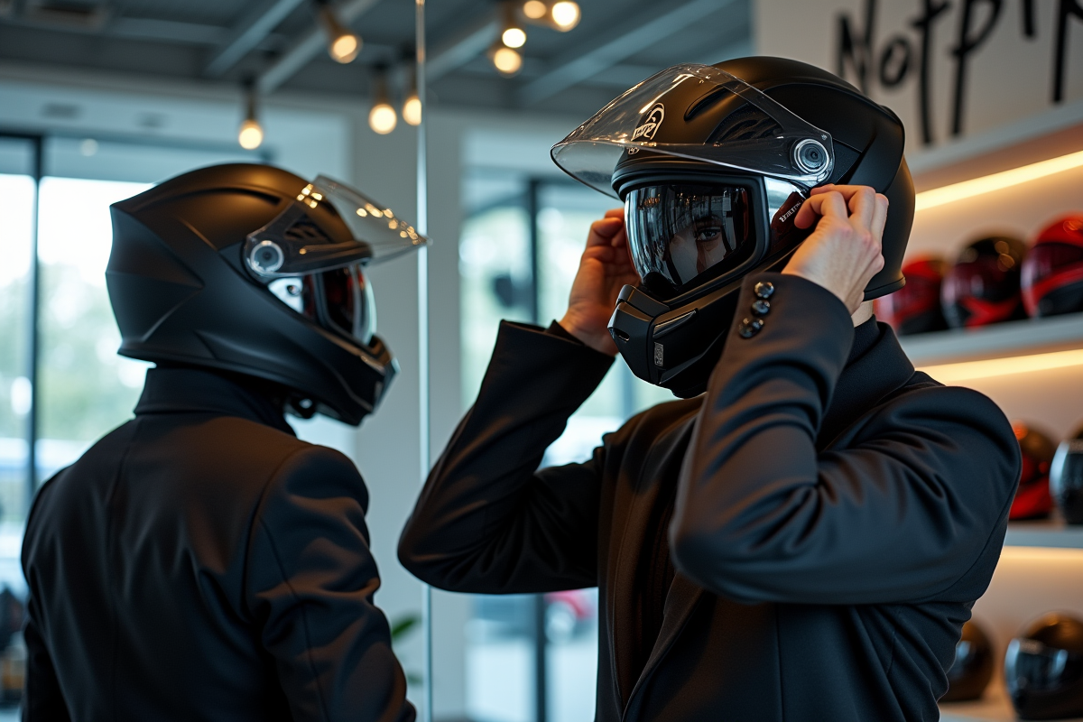 Personne essayant des casques moto devant miroir dans un magasin moderne