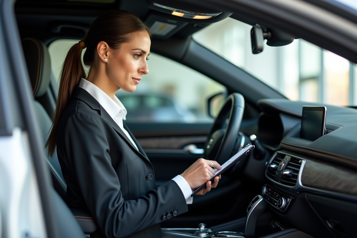 Femme experte inspectant l’intérieur d’une voiture de luxe en concession