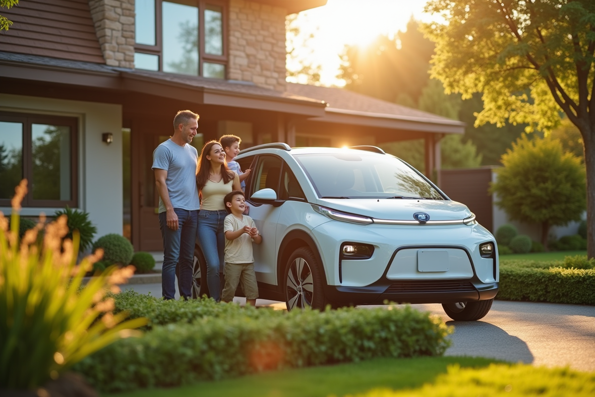 Famille heureuse devant leur voiture écologique en jardin
