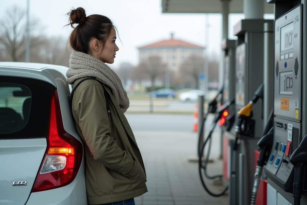 Femme faisant le plein dans une station urbaine moderne