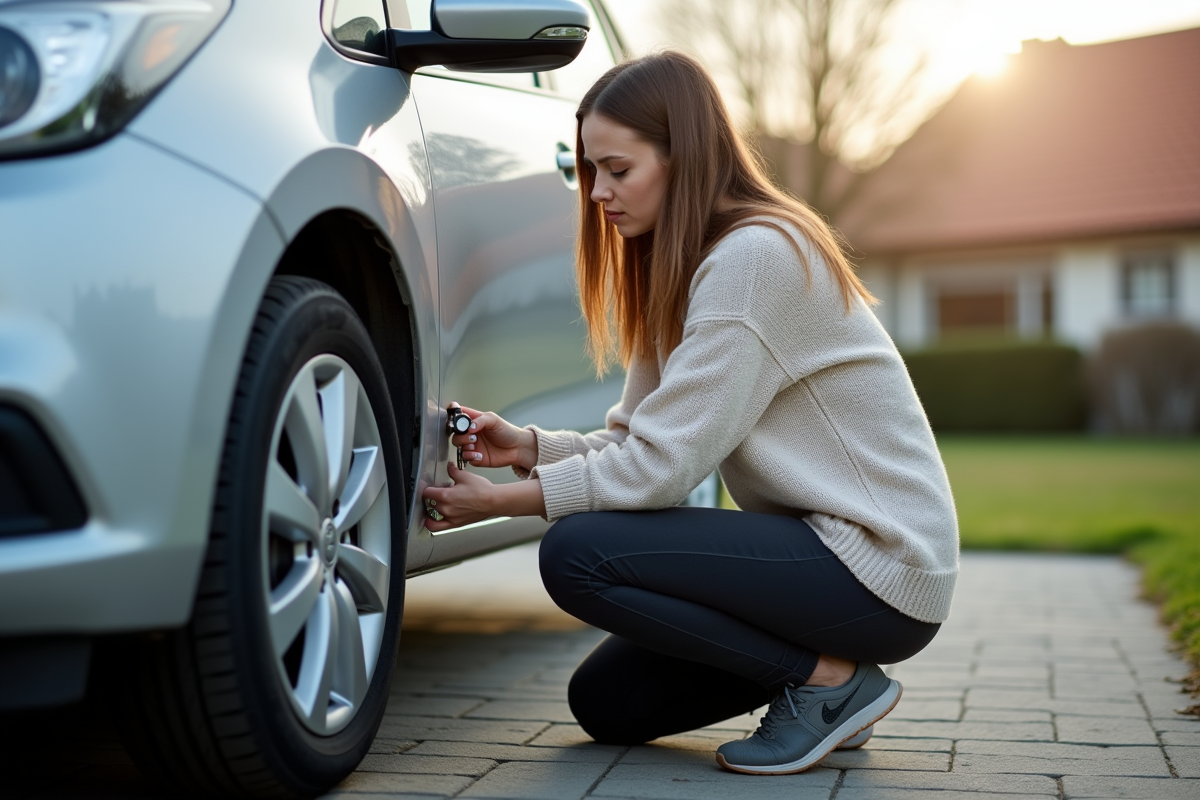 Femme vérifiant la pression du pneu à l