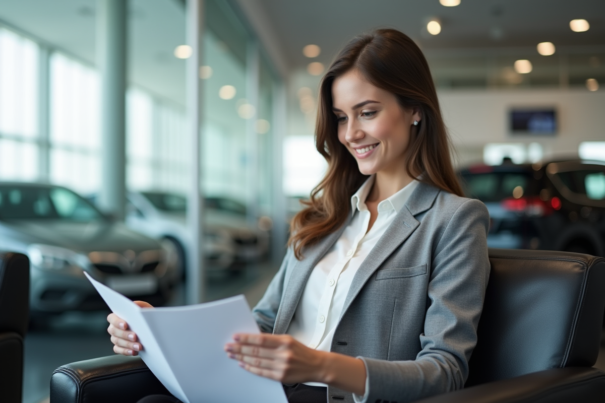 Jeune femme dans un salon automobile en train de lire des documents