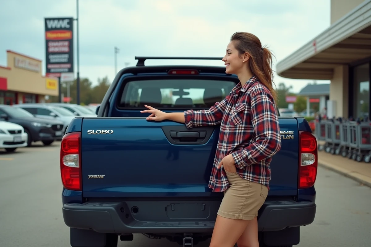 Jeune femme pointant la rear de la ute en discutant