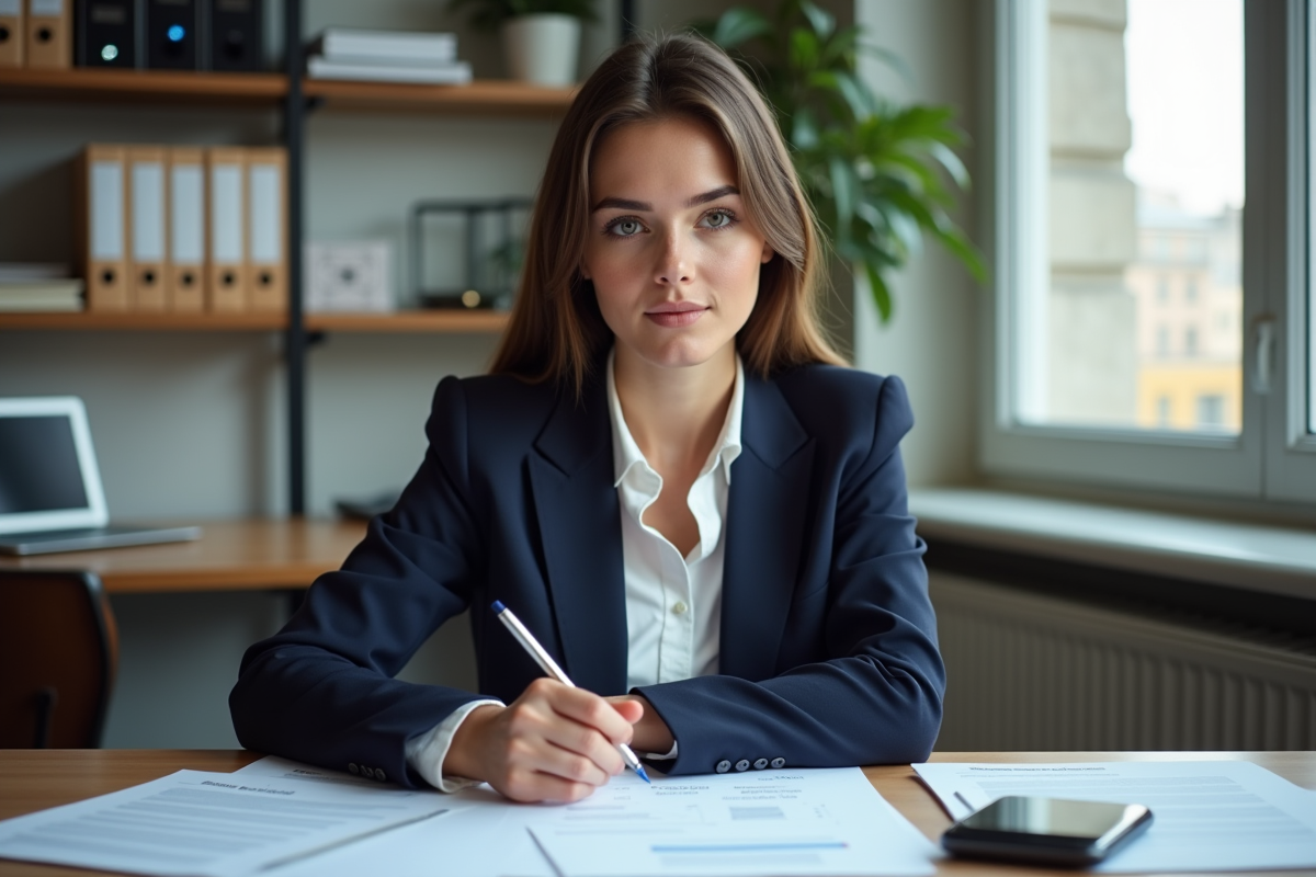 Jeune femme examine des documents dans un bureau lumineux