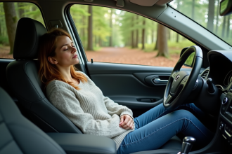 Femme endormie dans une voiture au bord d'une forêt