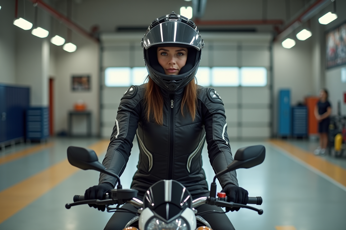 Femme en moto dans un garage de formation