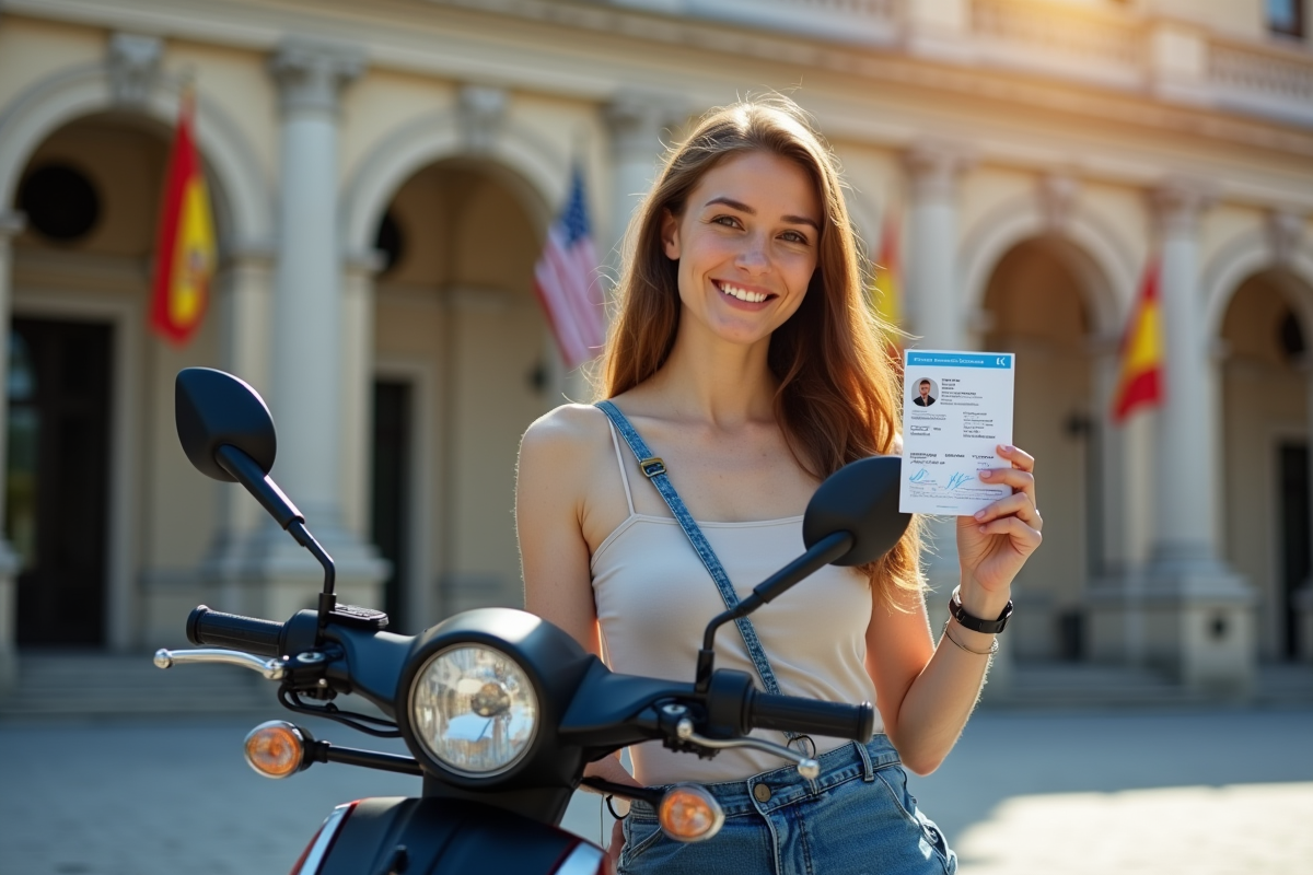 Femme motoriste montrant son permis devant une moto moderne