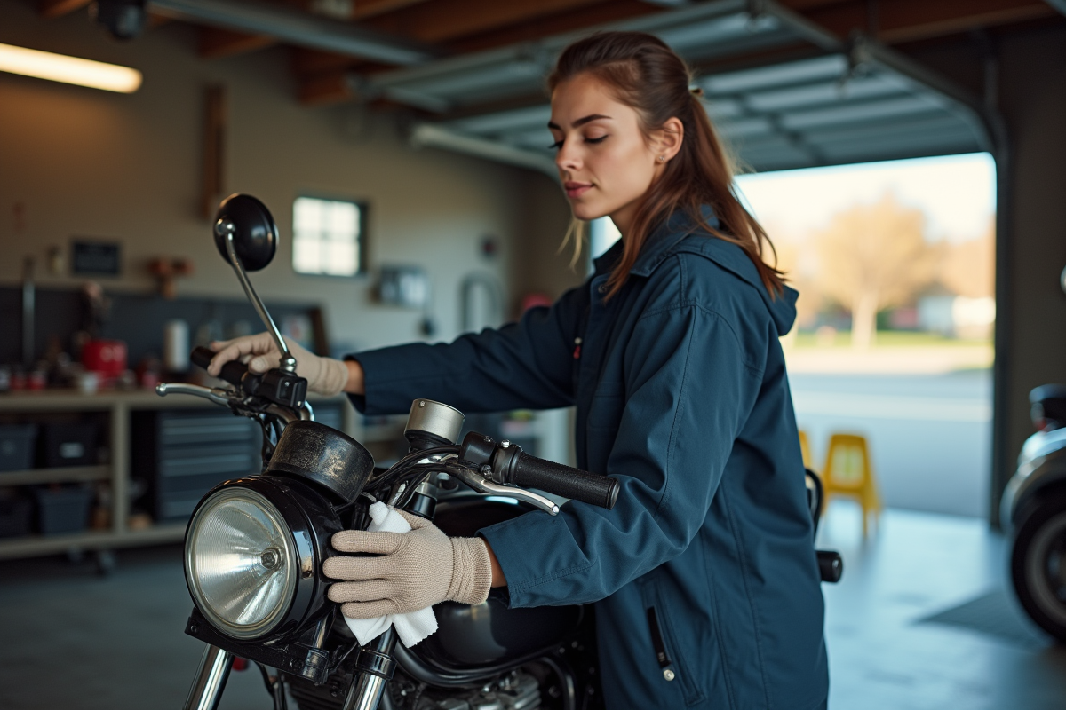 Femme nettoyant sa moto 125cc dans un garage