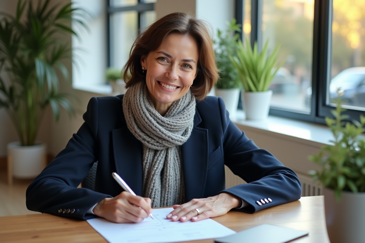 Femme souriante remplissant papiers pour eco-incentives en bureau