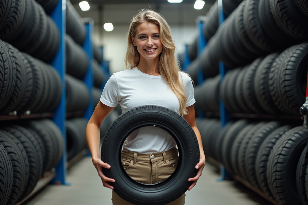 Jeune femme souriante tenant un pneu dans un atelier de pneus