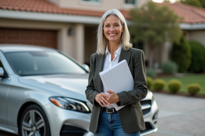 Femme d'&acirc;ge moyen avec voiture en Californie