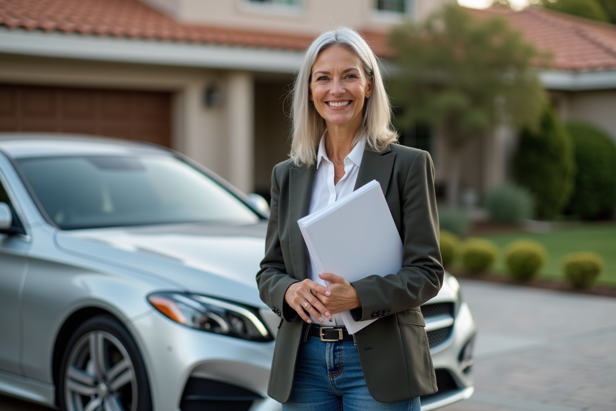 Femme d'âge moyen avec voiture en Californie