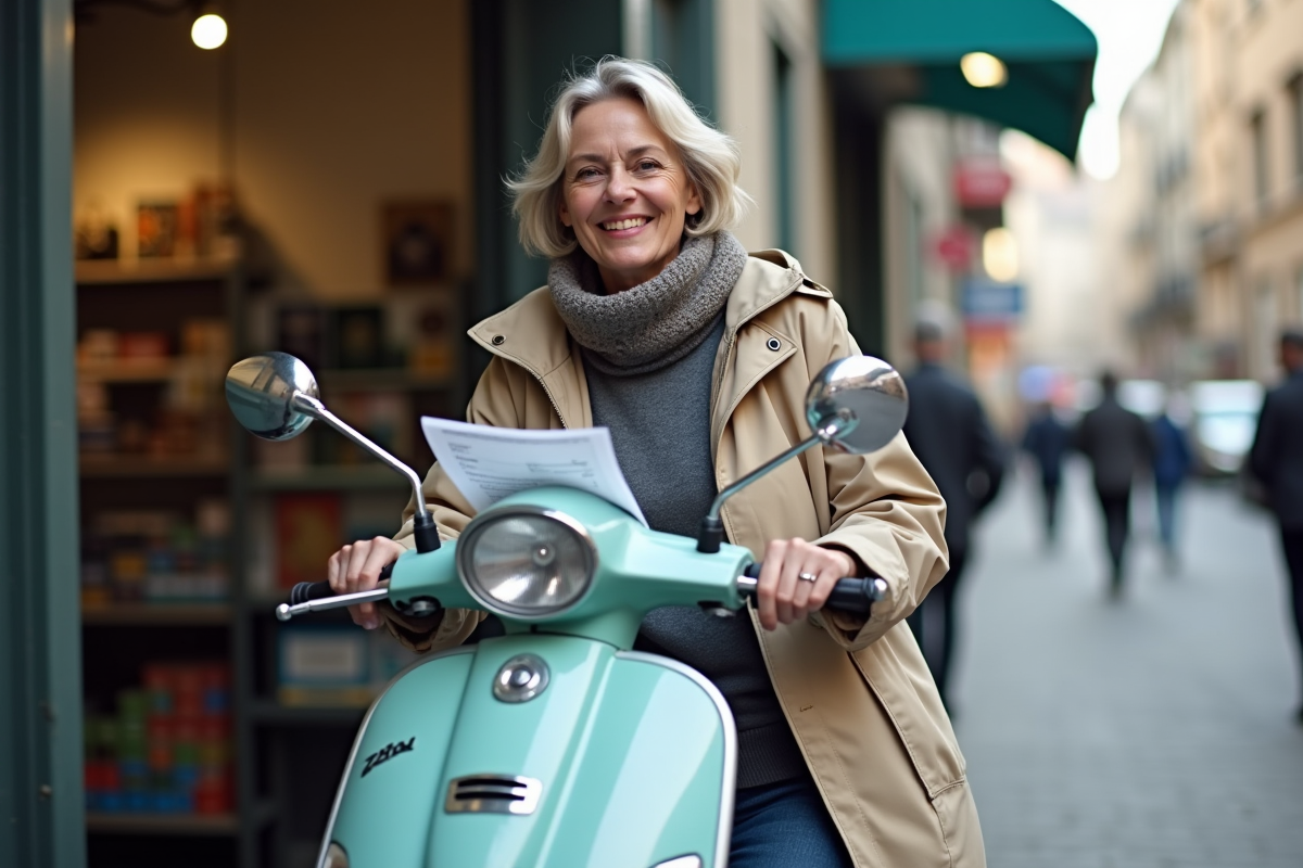 Femme souriante avec sa scooter devant un garage urbain