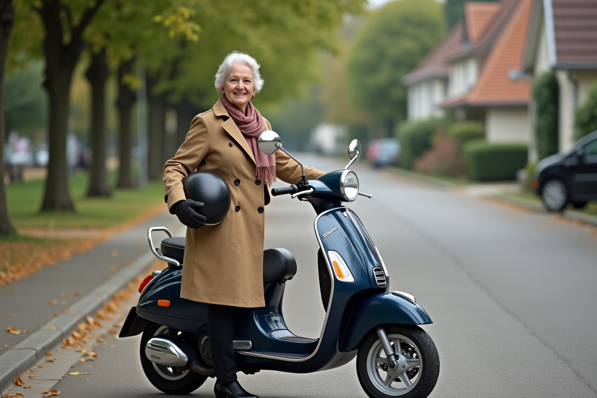 Femme avec casque et scooter dans quartier résidentiel