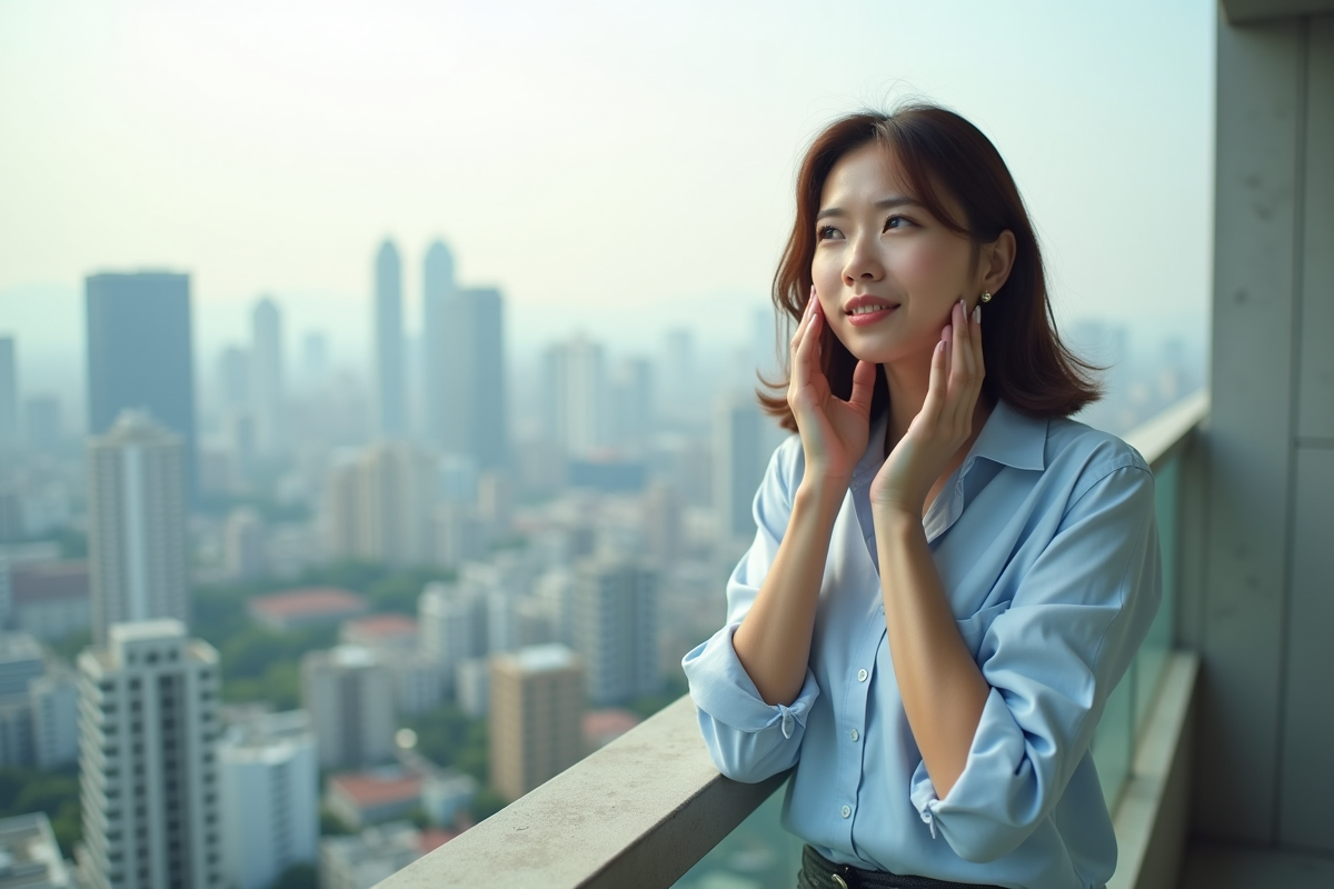 Femme appliquant creme antipollution sur le visage en ville