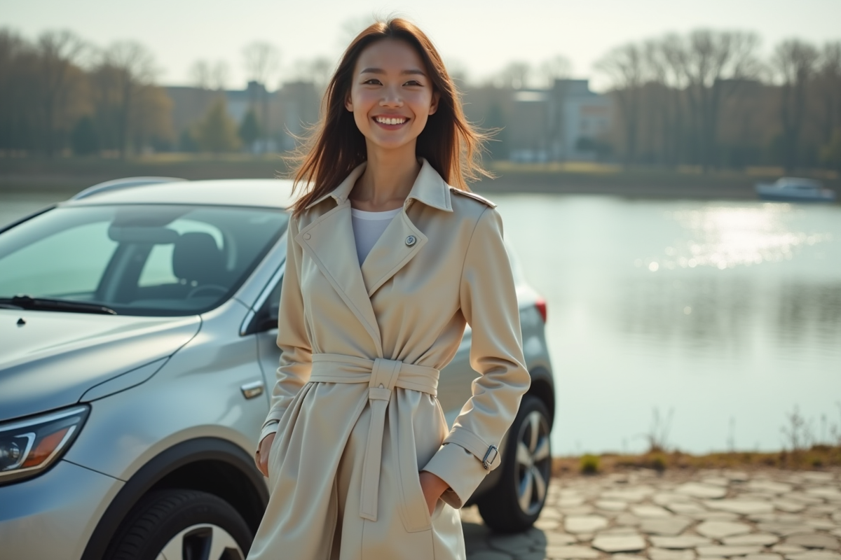 Femme souriante en trench près d