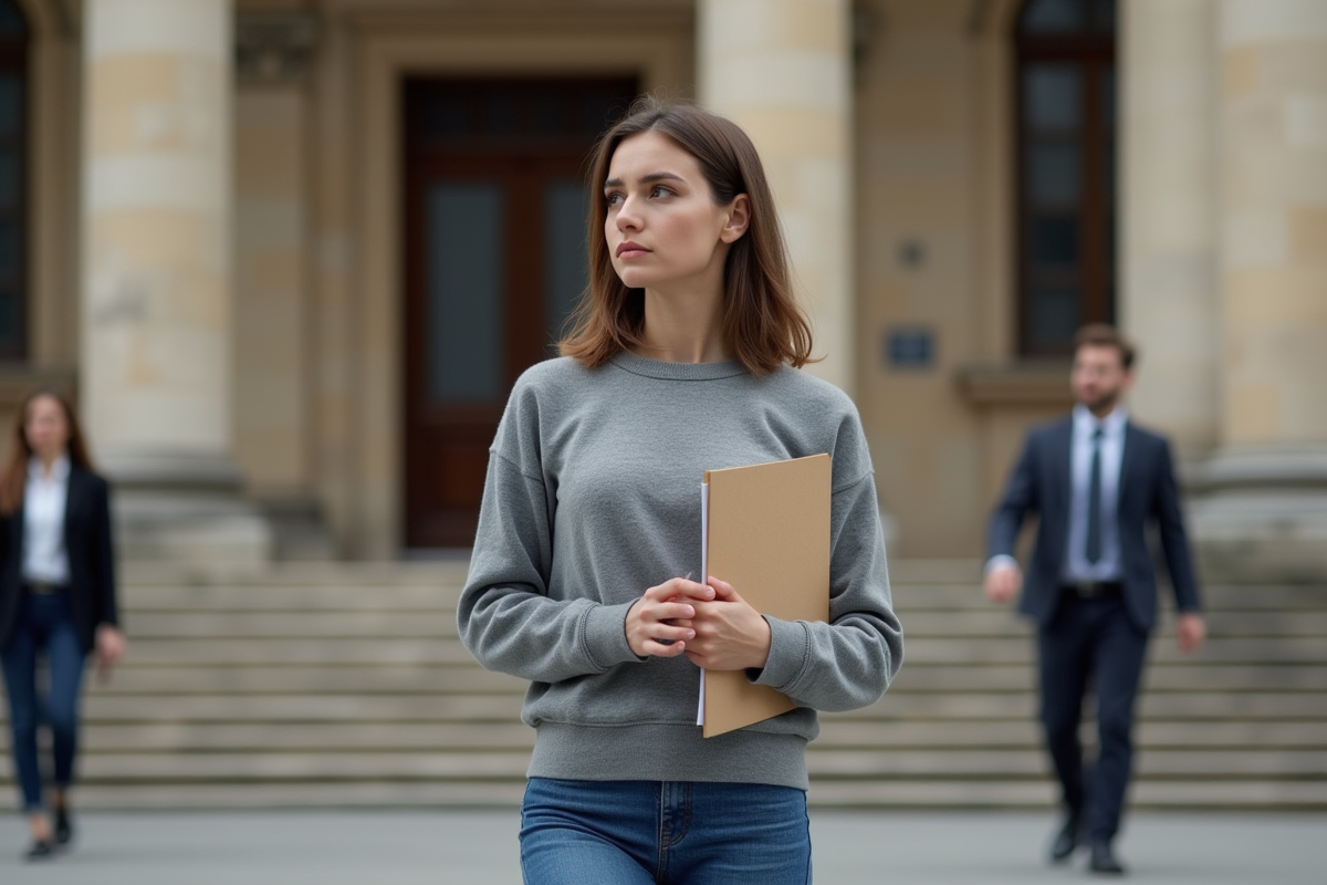 Jeune femme avec document devant le tribunal en extérieur