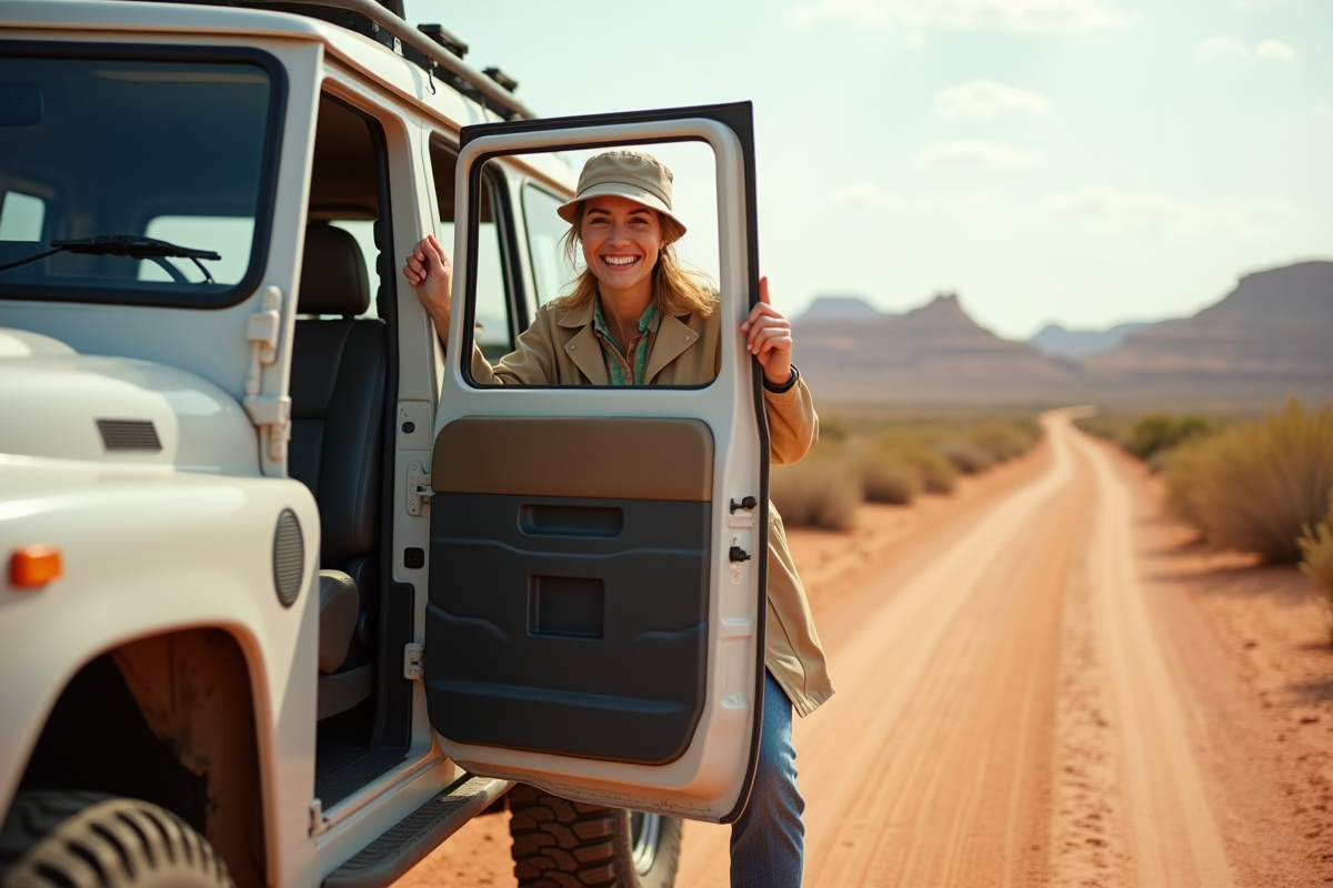 Femme souriante ferme la porte d’un 4x4 dans le désert