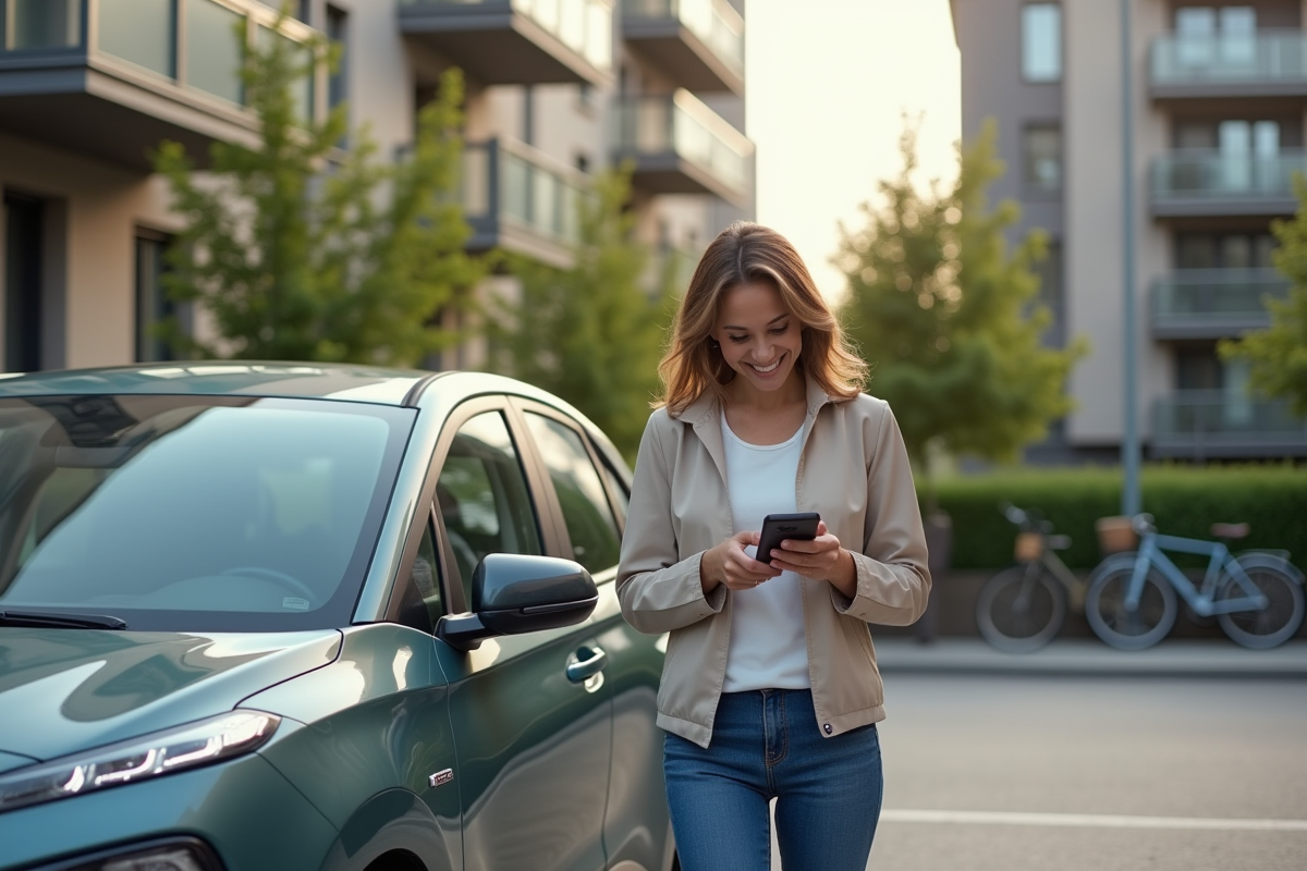 Femme souriante vérifiant son smartphone près d'une voiture hybride en parking