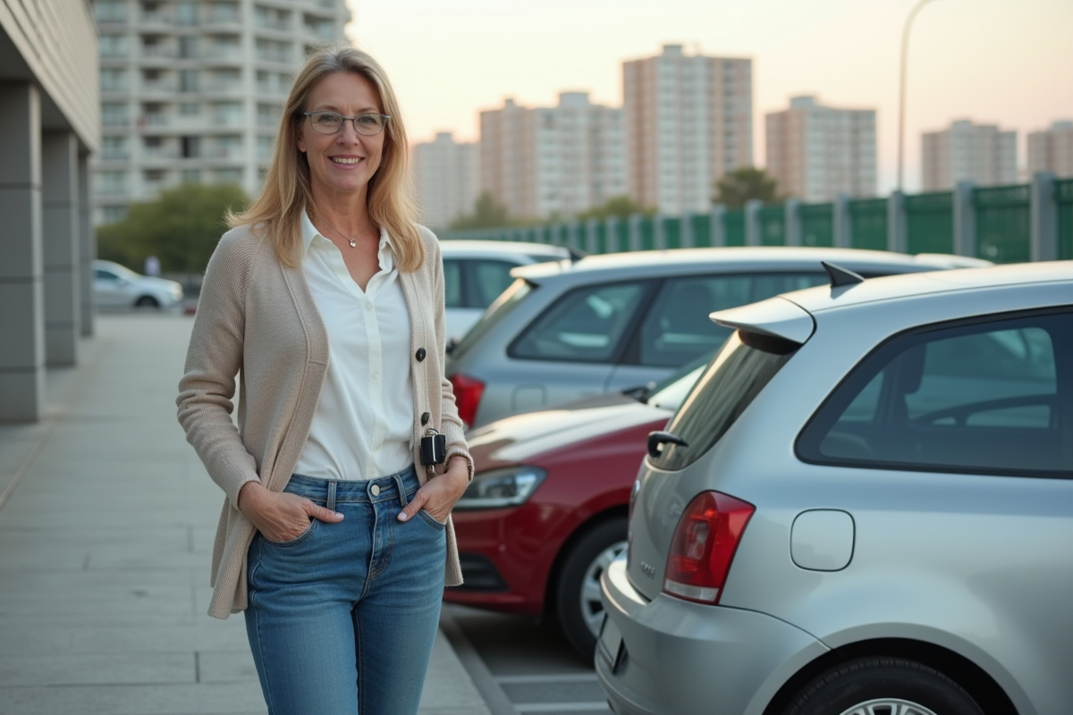 Femme souriante avec clés de voiture devant une voiture d'occasion en parking